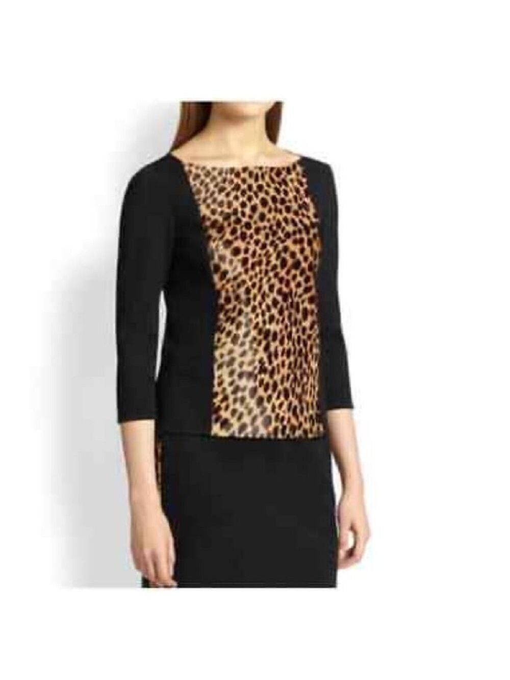 ST. JOHN Women’s Milano Calf Hair Leopard Print 3/4 Sleeve Sweater Knit Top 6